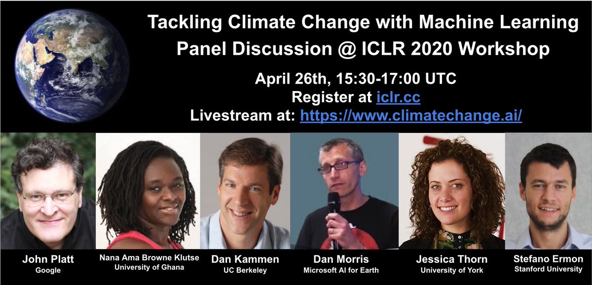 Tomorrow’s 2nd panel on #ClimateChange and #MachineLearning will include:
@johnplattml @GoogleAI
@amabro23 @UnivofGh
@dan_kammen @UCBerkeley
Dan Morris @MSFTResearch #AIforEarth
@JessicaPRThorn @YorkEnvironment
@StefanoErmon @Stanford
Tune in at: climatechange.ai/ICLR2020_works…