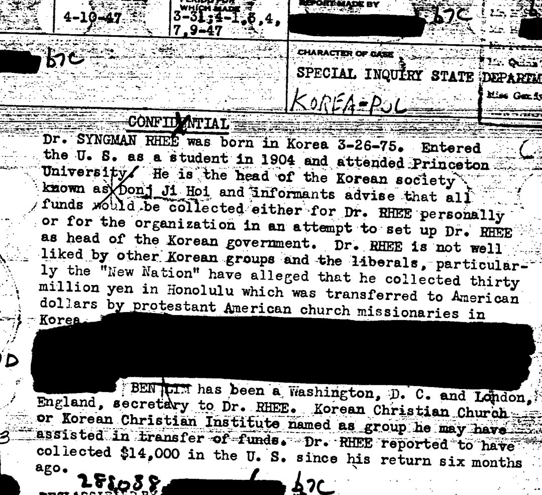 FBI files on Syngman Rhee (US backed puppet) was not in Korea between 1904-1946.