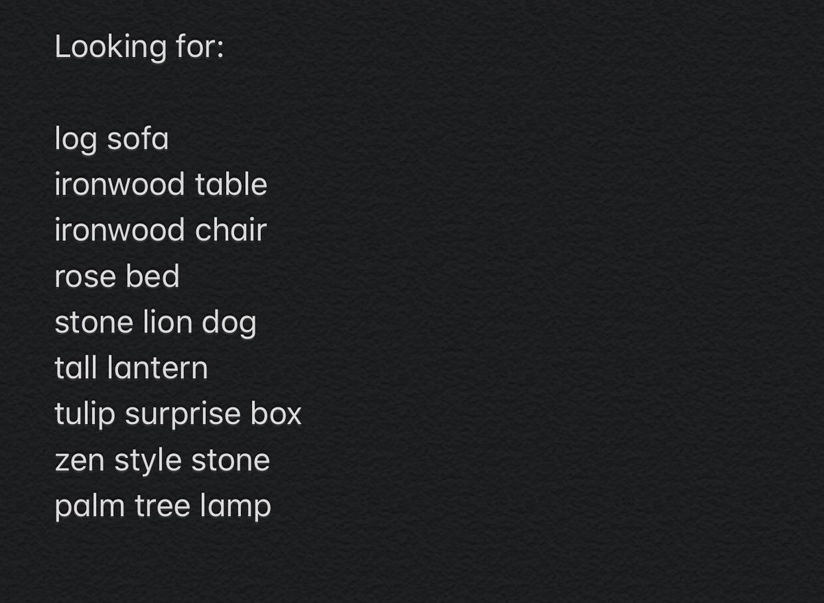 Here’s a list of what I can make! I don’t have much but I can make a decent amount of ironwood & gold stuff. Please bring your own set of mats (an exact amnt preferable or I’ll keep the rest lol) + a list of crafts/extra recipes I’m looking for