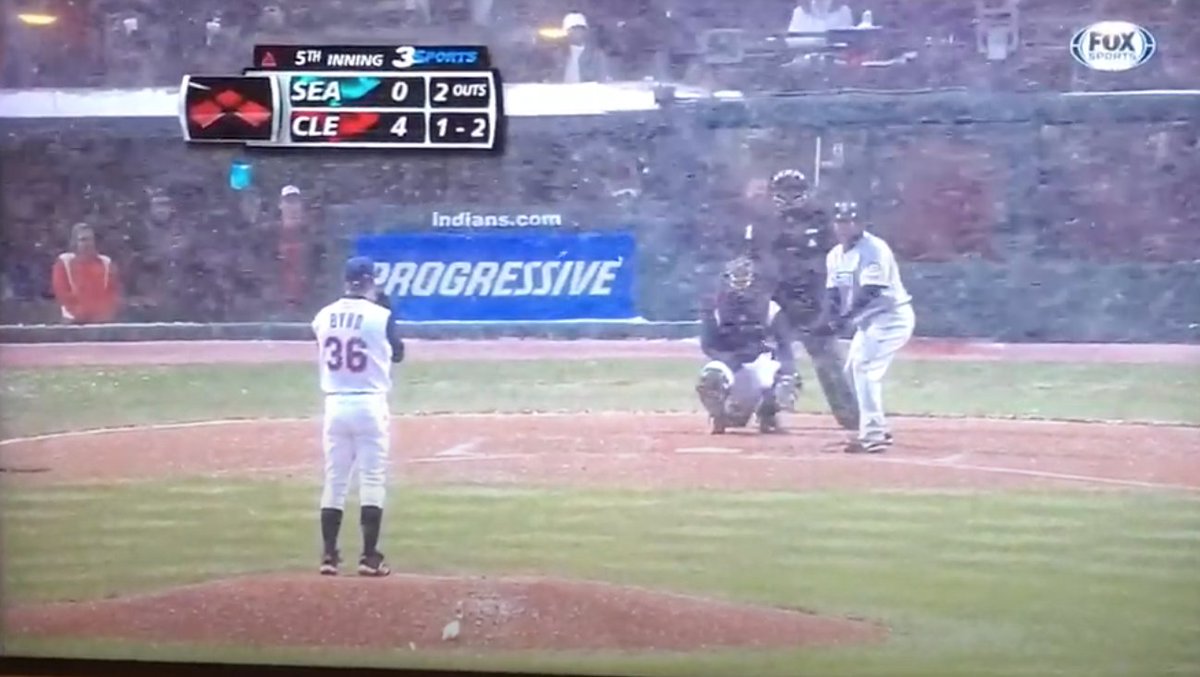 Byrd got two outs, but he also walked the bases full. With Jose Lopez up and a 1-2 count, Byrd shook off catcher Kelly Shoppach’s sign, and Lopez called for time, claiming that he couldn’t see. And at this point, Hargrove stepped out of the dugout to argue about the snow. 11/