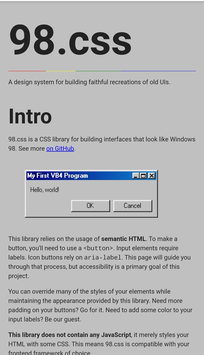 theHumbleBeing's tweet photo. Just saw this 98.css library with design of windows 98 .. definately gona try this.. developed by @jdan 🙏🙏

#javascript #reactjs #CSS #100DaysOfCode https://t.co/x62UX4ULGl