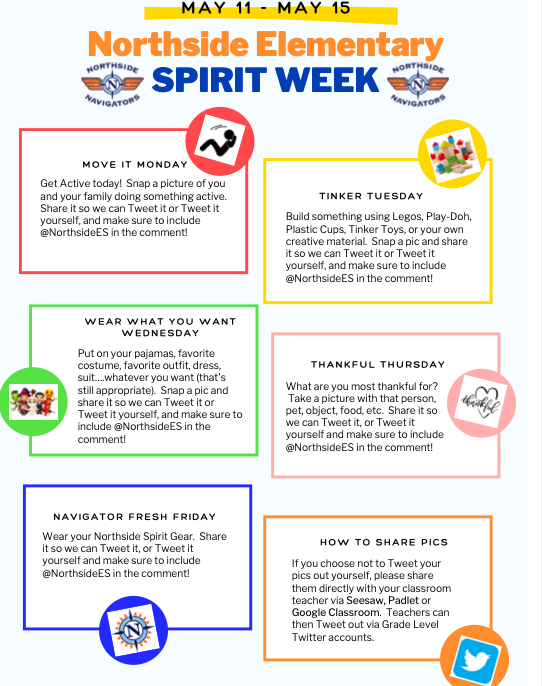 NESlibrary's tweet photo. Get ready for Spirit Week Navigators! I can't wait to spread Navigator Love, Pride and Community all week long! #NESSpiritWeek @APJonesNES @CSharplessNES @NorthsideES @4thNes @NESnewcomers @NESKINDER1 @5thGradeNES @northside2nd @NesFirst @nespre_k @NES_AIG @3rdNES @ell_nes https://t.co/cJC0VeNSyY