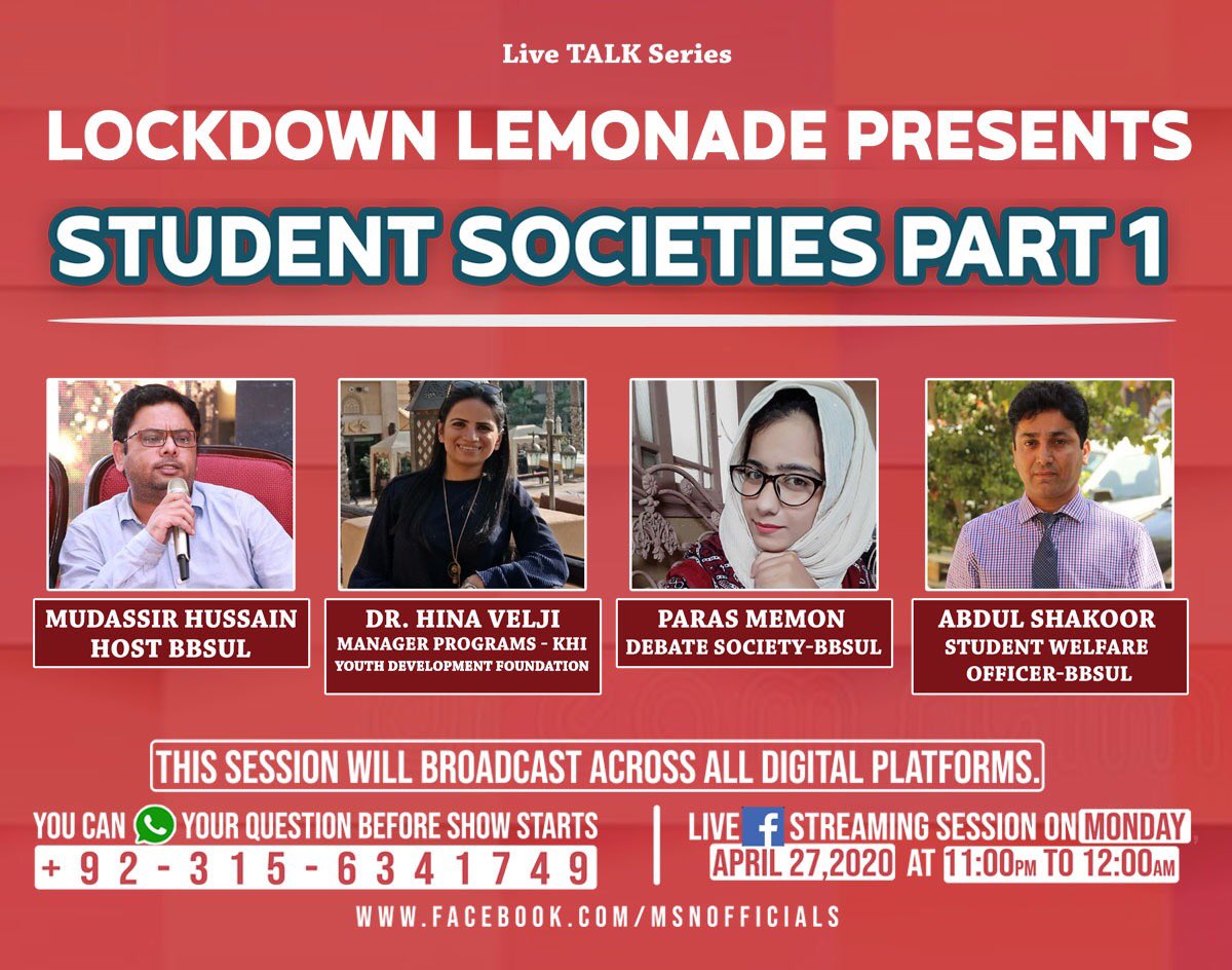 MSNofficials's tweet photo. Student societies always play an important role in student development.
 
Lockdown lemonade presents Student Societies talk with dynamic personalities who are playing significant part in strengthening student societies.

@abdulshakoor920 @muddyera 

#MSN #MSN2k20 https://t.co/SYYEARjFbs