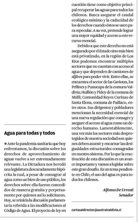 flopezpalma's tweet photo. Difusión sobre el Código de Aguas. Fundamental garantizar su acceso como un #derechohumano de las personas y las comunidades. 
Les dejo carta Diario Austral #valdiviacl @AguadeTodosCL @MOPdeLosRios @felipevergaram @gsilvacuadra https://t.co/q0Wd03zfFb