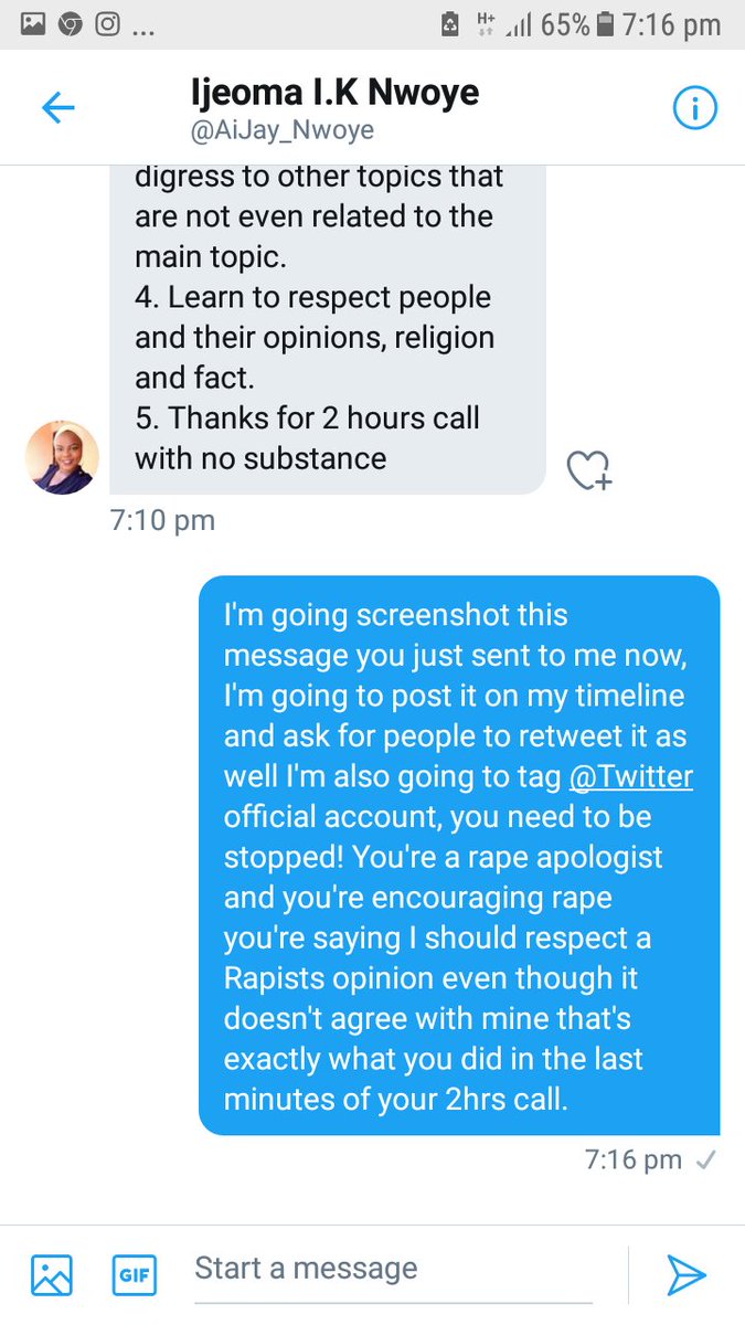 Hello Twitter NG, here's a Rape apologist who sent me a DM few minutes ago, I'm going to make a short thread so y'all can help me RT and report to  @Twitter for her account to be blocked! A rapist opinion should never be accepted because it is a crime against humanityA Thread 