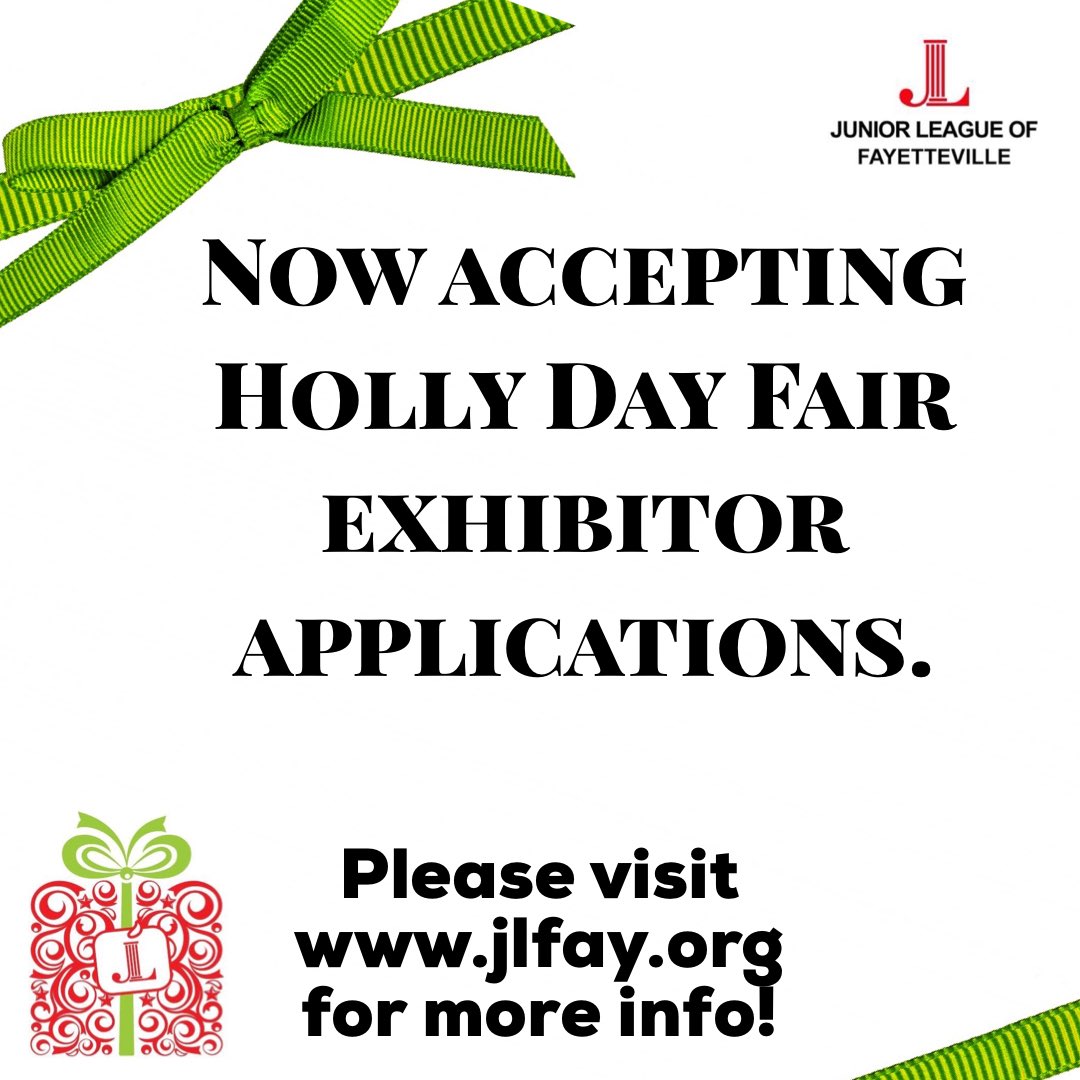 The Junior League of Fayetteville is currently accepting exhibitor applications for the Holly Day Fair!! If you’re interested in being a vendor or know of someone who is, please fill out an application to join us at this year’s show! <a href="/JuniorLeagueFay/">Junior League of Fay</a> #hollydayfair2020