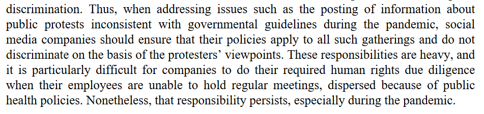 The report implies that removing events that breach public health guidelines could meet human rights obligations, as long as it is done in a viewpoint neutral manner -- and calls for "maximum transparency" on policies (oh boy, we are so far from that) 6/