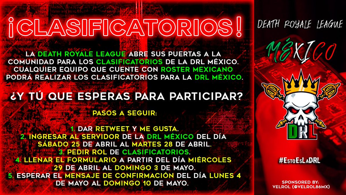 DRL_GG's tweet image. ¡LLEGÓ EL DÍA! 

Se abren los clasificatorios a la DRL México. ¡No olvides etiquetar a tú equipo para que no se pierda esta oportunidad de jugar en la mejor liga! 🇲🇽🥳

Agradecemos bastante sus 🔄 y ❤

🔗Discord: discord.gg/jHpsgCx

#EstoEsLaDRL
