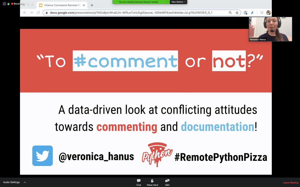 viperale's tweet photo. "To comment or notโ" Nice talk by @veronica_hanus at #remotepythonpizza ๐๐ผ https://t.co/WsByt9BSm0