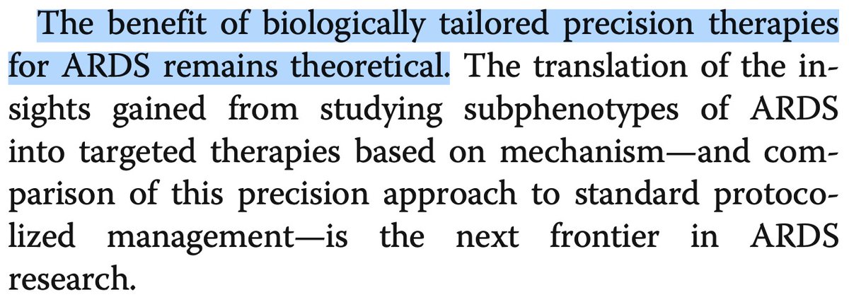 Despite all this, Calfee et al. are quite measured in their interpretations, and urge caution in clinical implementation. They believe in tailored ARDS care, but know it'll take responsible, prospective studies to get there.6/n https://www.ncbi.nlm.nih.gov/pubmed/24853585  https://www.ncbi.nlm.nih.gov/pubmed/32204722 