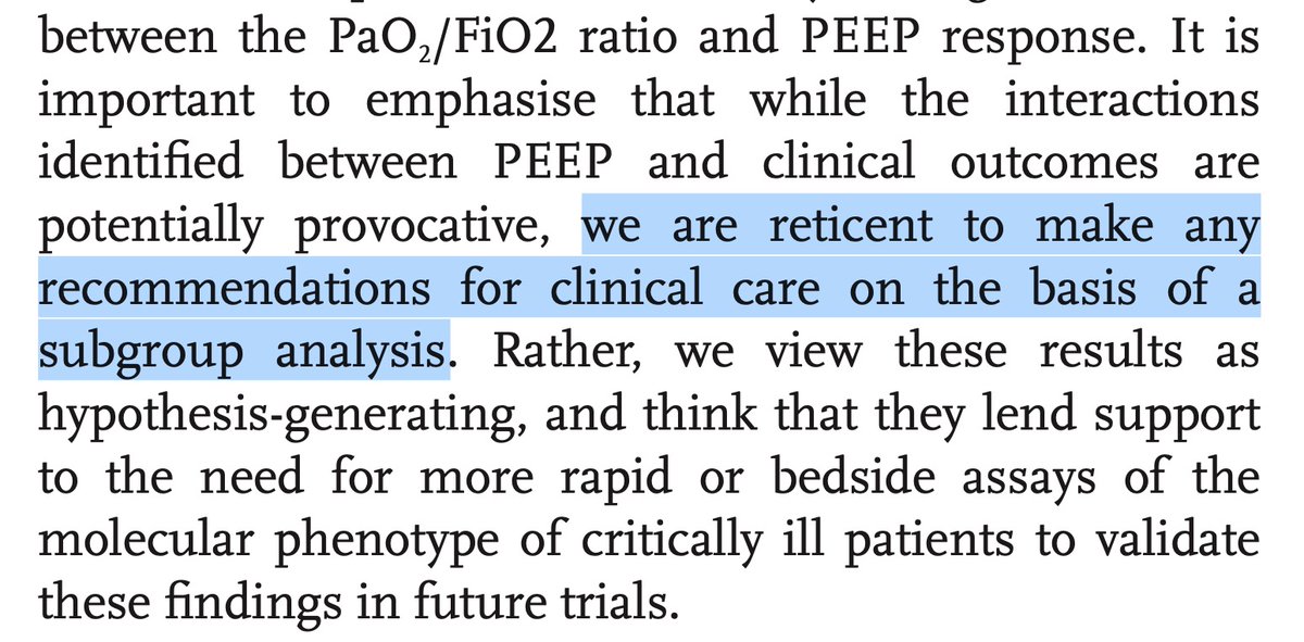 Despite all this, Calfee et al. are quite measured in their interpretations, and urge caution in clinical implementation. They believe in tailored ARDS care, but know it'll take responsible, prospective studies to get there.6/n https://www.ncbi.nlm.nih.gov/pubmed/24853585  https://www.ncbi.nlm.nih.gov/pubmed/32204722 
