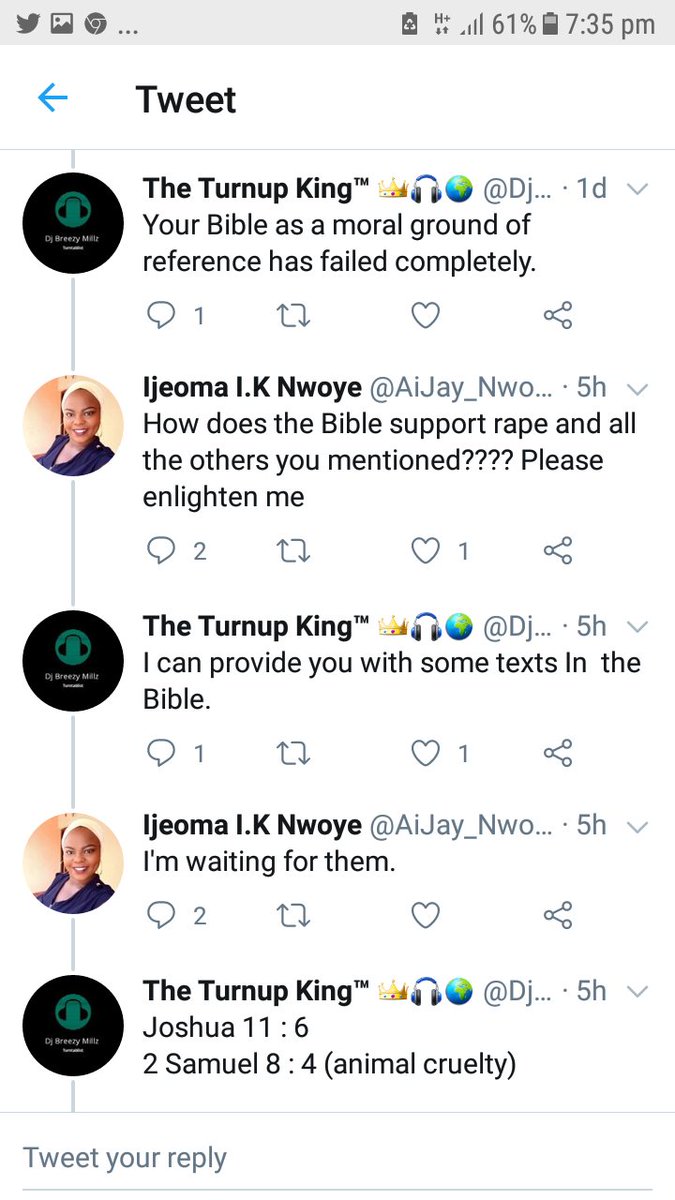 And then this lady in question  @AiJay_Nwoye comes from nowhere and joins the  @Postsubman Thread and comments, I gave her instances where Murder, rape and other inhumane acts were justified in the same Bible he spoke about, more like Contradictory statements...