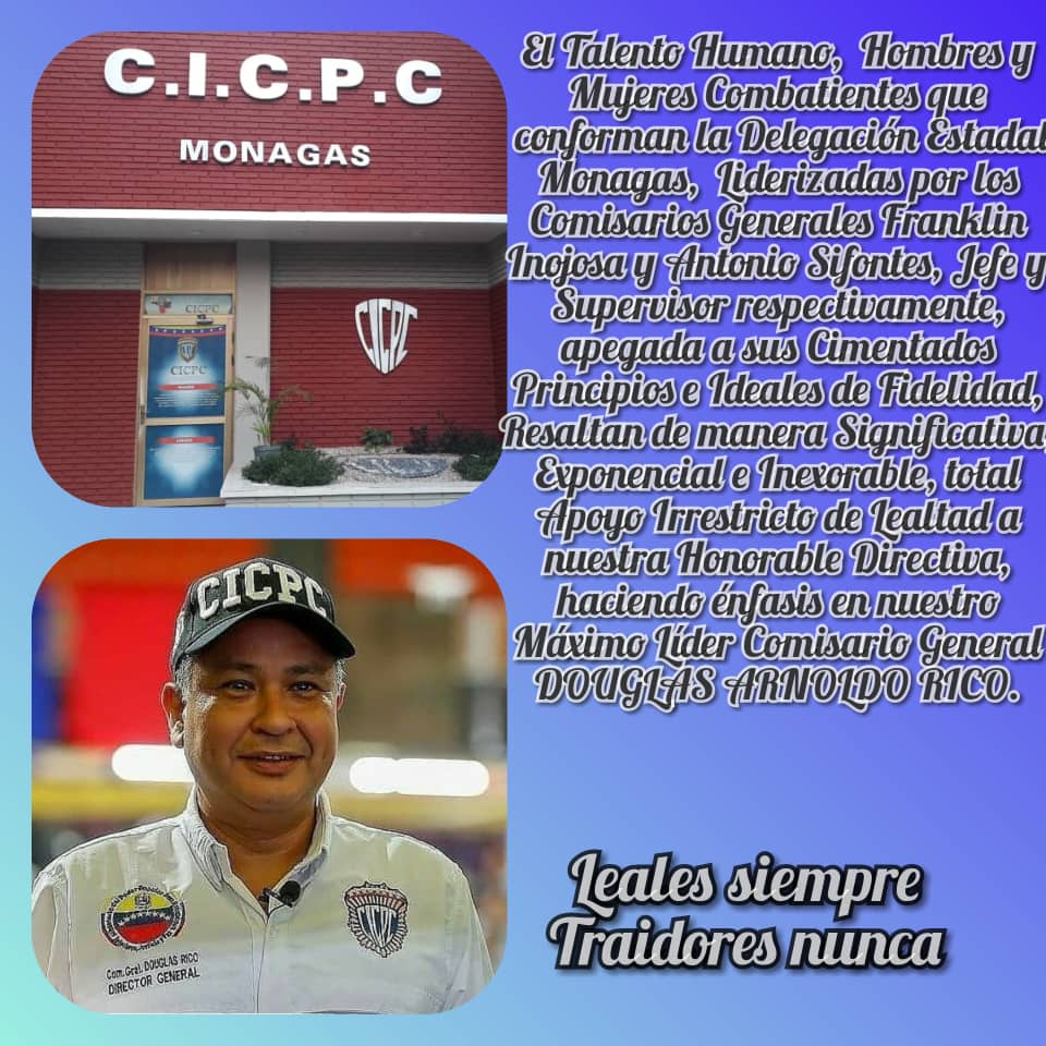 Delegación Monagas en nombre de todo su talento humano manifiesta el máximo apoyo absoluto, respaldo irrestricto y lealtad a  nuestro Director Nacional C/G Douglas Rico. #CICPC #CicpcSeRespeta <a href="/DouglasRicoVzla/">Douglas Rico</a> @prensacicpc <a href="/Cicpc374/">REDIP ORIENTAL</a> <a href="/castellanocicpc/">JOSÉ CASTELLANOS</a> <a href="/finojosal/">Franklin Inojosa</a>