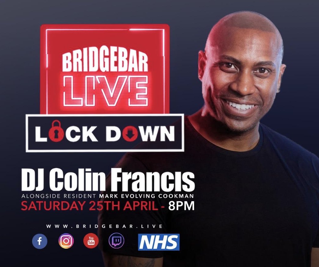 DJ Colin Francis (@djcolinfrancis) on Twitter photo We Go LIVEEE!!! From 8.30pm TONIGHT!! Myself and <a href="/CJ_iDJ/">CJ iDJ</a> Hosting!! Raising money for NHS w/ <a href="/Thebridge_bar/">Bridgebar</a> 💙🎧 
bridgebar.live (Live from 8pm) We Go LIVEEE!!! From 8.30pm TONIGHT!! Myself and <a href="/CJ_iDJ/">CJ iDJ</a> Hosting!! Raising money for NHS w/ <a href="/Thebridge_bar/">Bridgebar</a> 💙🎧 
bridgebar.live (Live from 8pm)