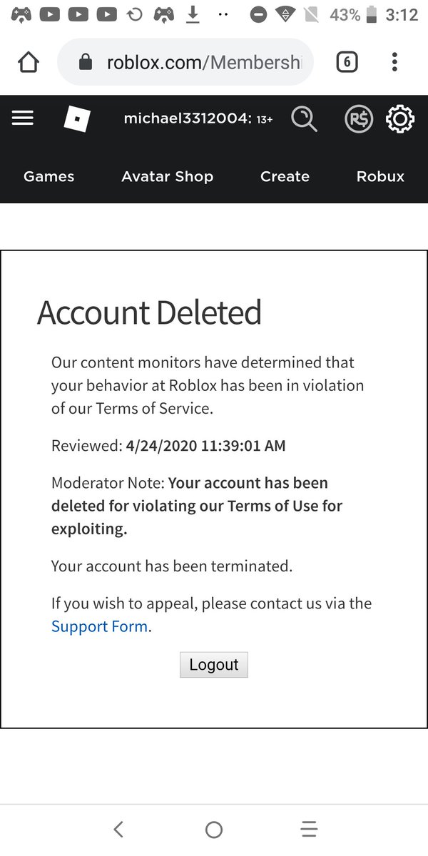 Casey Boulter On Twitter My Account Has Also Been Deleted I Have Sent 2 Emails And They Just Sent Me Back Auto Replies I Am Also With You That The Only Thing - account deleted roblox banned screen 2020