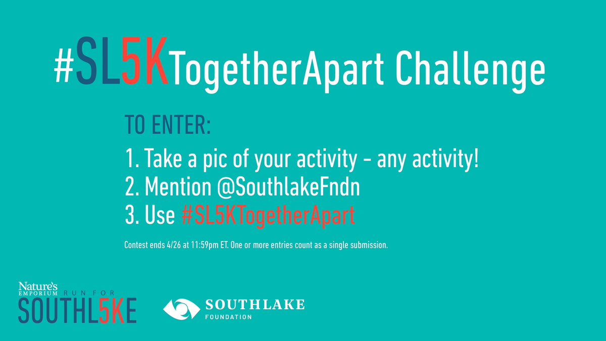 SouthlakeFndn's tweet photo. Even though #SL5K is postponed, let’s celebrate our communities 4/26! Post ANY activity tomorrow of you and use #SL5KTogetherApart challenge to enter. SL5K participants can WIN 1 of 5 $50 gift cards to shop @NaturesCanada curbside program. https://t.co/mgmTJX3Niw