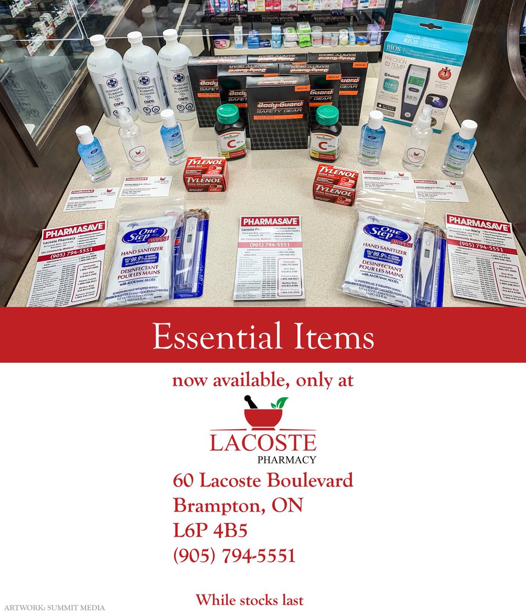 We're happy to announce that we have a full supply of essential items here at Lacoste Pharmacy! From hand sanitizer to vitamin C, whatever you need, we have you covered! #LacostePharmacy #Covid_19 #bramptoncares