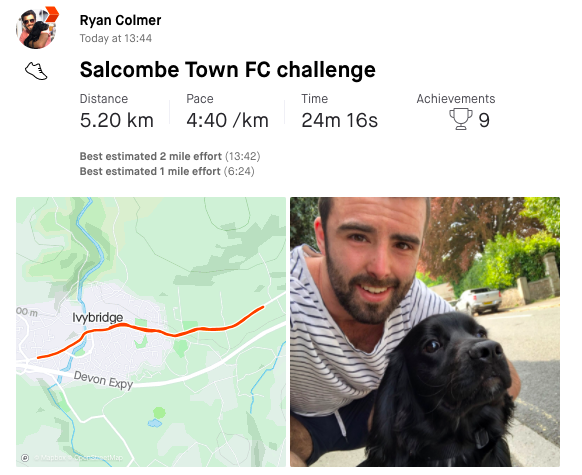 SalcombeTownFC's tweet photo. STFC 1407km (Land's End to John O'Groats) run update from DAY FIVE: Another 105km complete bringing total to 389km.

Map shows where we are up to on the route and pictures of the runs also included.

https://t.co/mpLpEuEI2g https://t.co/3TujiEjIcR