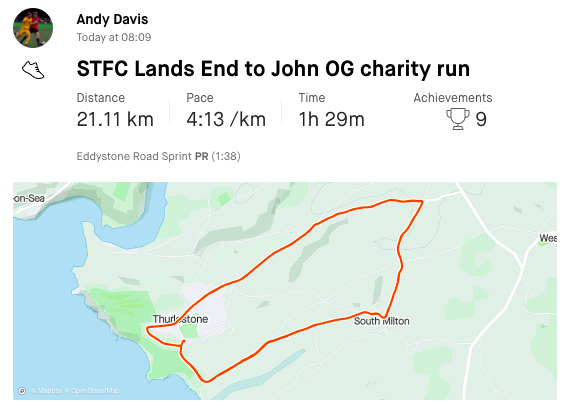 SalcombeTownFC's tweet photo. STFC 1407km (Land's End to John O'Groats) run update from DAY FIVE: Another 105km complete bringing total to 389km.

Map shows where we are up to on the route and pictures of the runs also included.

https://t.co/mpLpEuEI2g https://t.co/3TujiEjIcR