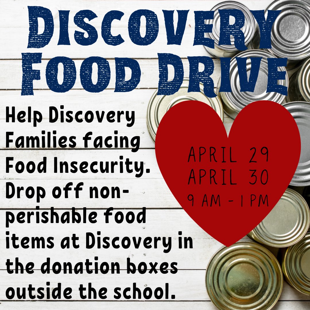 Please show your support by helping our families in need of food. Non perishable food items can be dropped off at Discovery in boxes outside the office on Wed and Thurs from 9-1. Please follow all social distancing guidelines. #powerofdiscovery