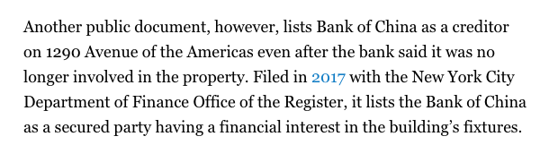 UPDATE/ Trump supporters hope to sow confusion over one—of hundreds—of data-points undergirding this curation by noting that POLITICO updated its article on the Bank of China loan with a denial by the bank that it's been connected to the loan since 2012. The Trumpists axed this: