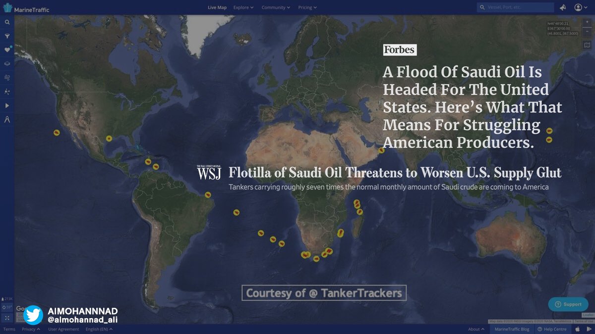  تقوم بإرسال ناقلات ضخمة محملة بالنفط لطرحها في أسواق  #النفط  في مايو.  تحاول بشتى الطرق إقناع  في قبول عرضها بتحمل المتبقي من حصة خصم انتاج . الرئيس  #ترمب يجري اتصالات مع الرئيس  #بوتين و  #خادم_الحرمين_الشريفين لمحاولة التوصل لاتفاق و عدم الانسحاب من اتفاق  #أوبك  https://twitter.com/almohannad_ali/status/1248823708422148097