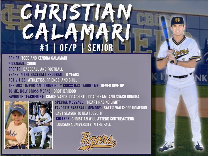 HolyCross_BSB's tweet photo. TIGERS celebrate our 2020 SENIORS! Our first Senior Profile is Christian Calamari (@cacalamari83). Thank you for your hard work and your dedication that you’ve put in to the Holy Cross Baseball Program over the years. You will truly be missed! 

#WeAreHC https://t.co/jorqAksebH
