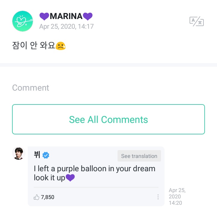 btsuniversebr's tweet photo. 💬 WEVERSE 26.04.20 | Taehyung (V) respondeu a um post:

ARMY: "Eu não consigo dormir 😢"

V: Eu deixei um balão roxo no seu sonho, procure-o 💜"

(@BTS_twt) #방탄소년단
#TAEHYUNG #V #BTS
https://t.co/0QnsvmytLs