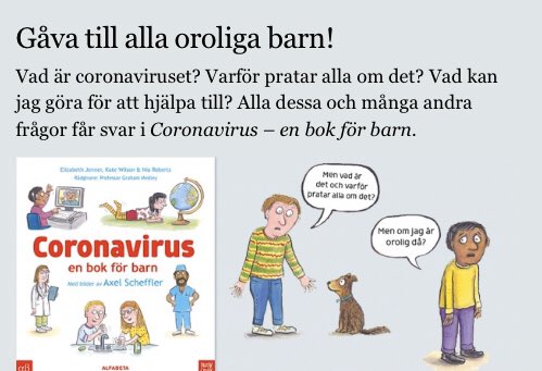 Alfabeta förlag ger ut en bok om Corona-viruset riktad till barn. Går att ladda ner direkt som PDF. 

alfabeta.se/text/2020/04/g…