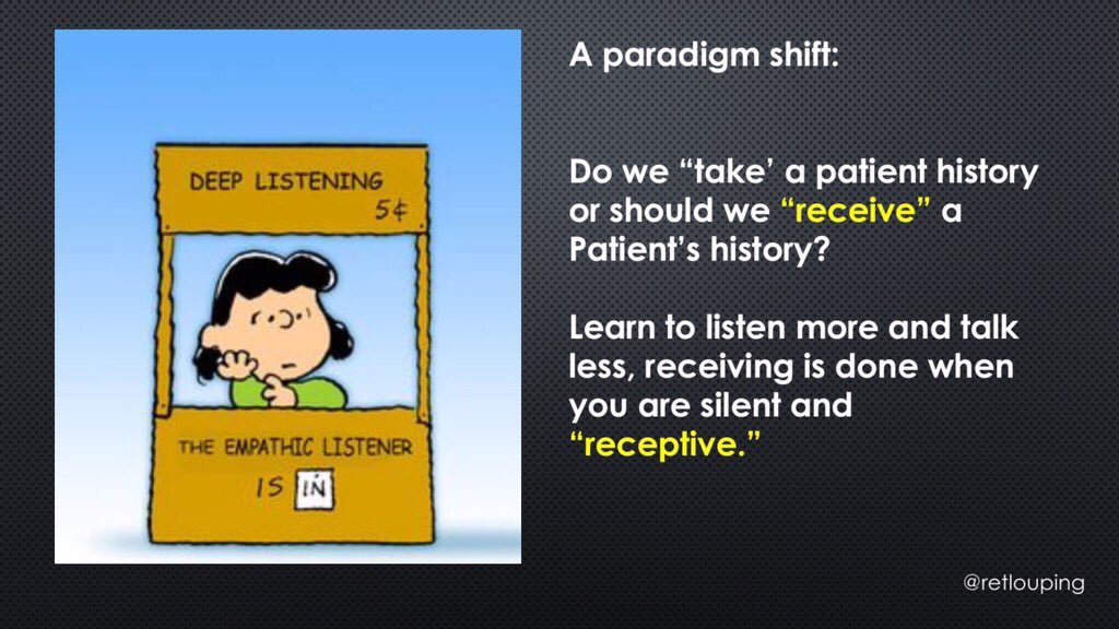 I prefer to use th term “receiving a patient history or narrative” this has a more patinet centered meaning than “taking” a history IMO. Unlike with pure motivational interviewing I actually do an introduction to set expectations, and ask open and closed questions with INTENT.