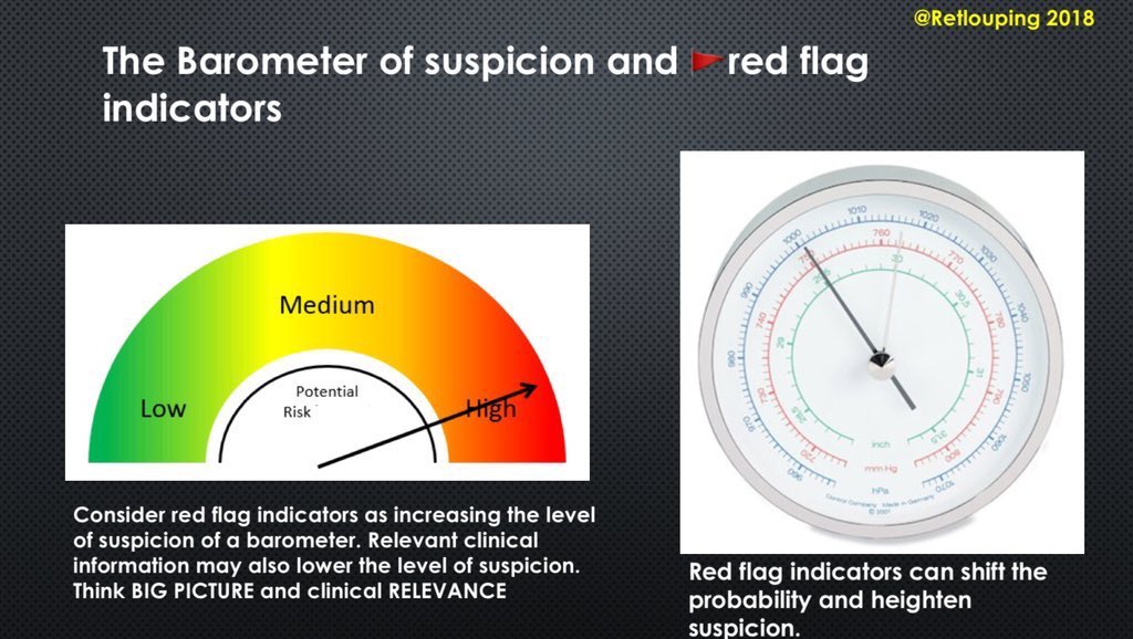 In my last episode. as with all history receiving identification of any red flags and serious conditions is a key part of the reasoning process. I utilize a Bayesian conditional probability approach and term it “the index of suspicion” I posted an excellent webinar on Red flags.