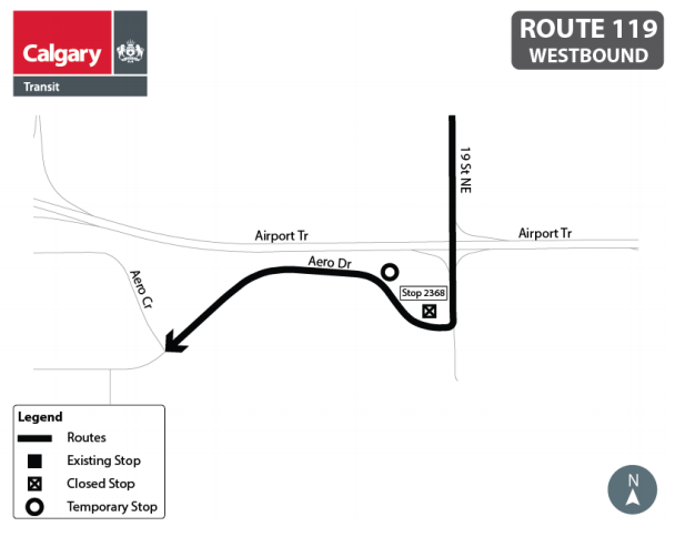 calgarytransit's tweet photo. #CTRiders #Route119 Beginning Monday, April 27 at the start of service, and continuing until further notice, the curbside lane of Aero Drive west of 19 Street N.E. will be closed for significant road works. Stop# 2368 will be closed. https://t.co/G5bwBXxwnE https://t.co/kvD2c4cWHZ