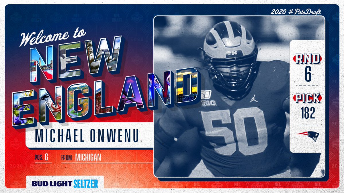 Patriots's tweet image. Another Wolverine!

#Patriots select G Michael Onwenu with the 182nd overall pick.