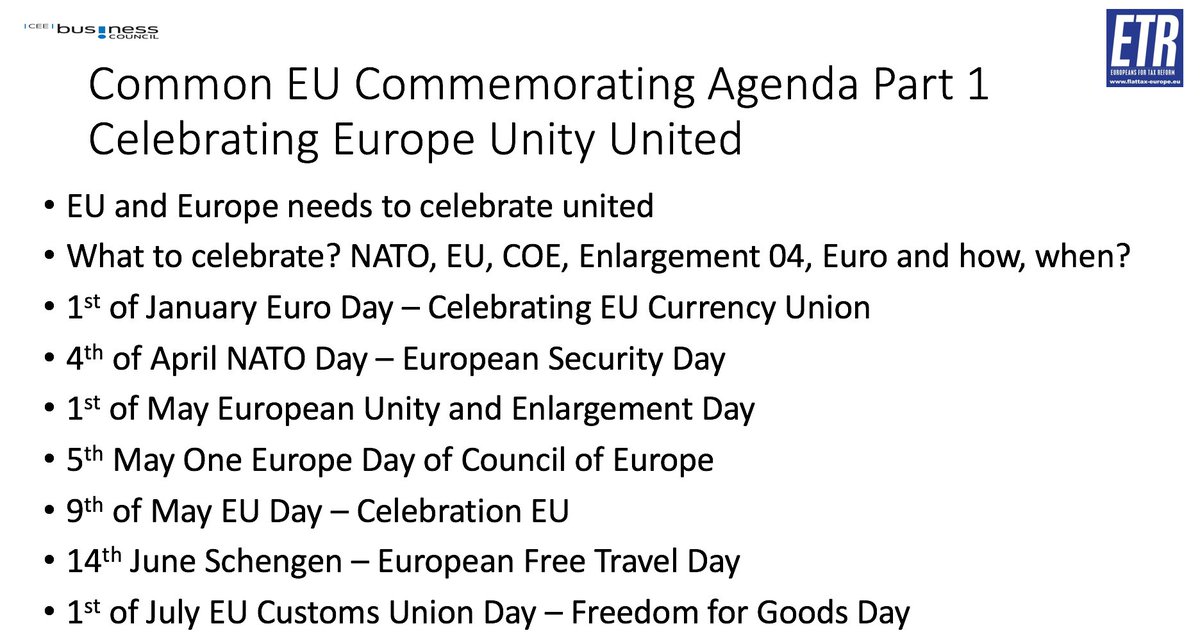 GunterFehlinger's tweet photo. ETR is calling for a Common EU Celebration Agenda to build a stronger #EuropeanNarrative @coe @EU_Commission @NATO @EUCouncil @Europarl_EN @EU_Taxud @YlvaJohansson @CoESpokesperson @eu_near @MargSchinas and to fix those 7 celebration Days, EU wide for ever. @CiolosDacian https://t.co/IVaS5Lbs98