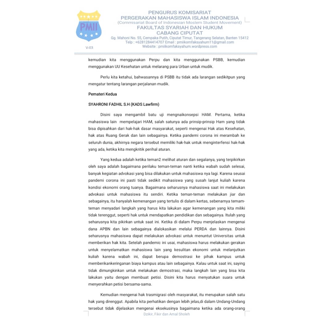 Press Release | Bidang 2 Ekternal PMII KOMFAKSYAHUM | Sekolah Advokasi dengan tema : Penerapan PSBB ditengan Pandemi, Sudahkan Sesuai PP No. 21 Tahun 2020 dan PERPU No. 1 Tahun 2020? 
.
.
#pmiikomfaksyahum
#koprikomfaksyahum
#pmiicabangciputat
#kopricabangciputat