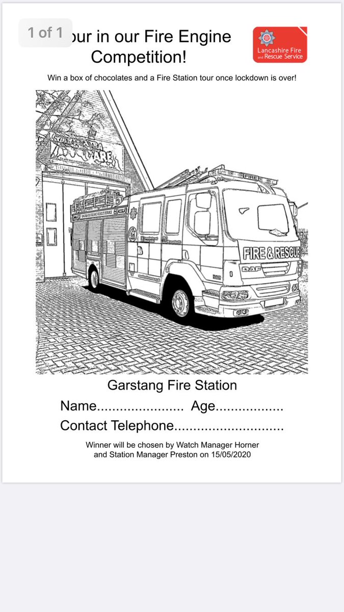 For a chance to WIN a box of chocolates and a Fire Station Tour when lockdown is over, have a go at colouring in our Fire Engine! For ages 4-15! To enter, message us a picture of your entry with your name and age to <a href="/Garstang_Fire/">Garstang Fire</a>. Winner chosen on the 15/05/2020. Best of Luck