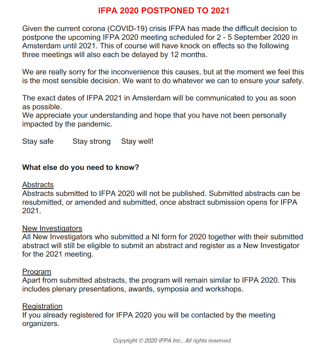 IFPA_Official's tweet photo. Announcement: IFPA Amsterdam 2020 postponed to 2021 due to the ongoing coronavirus (COVID-19) pandemic. https://t.co/3PTlABULA5