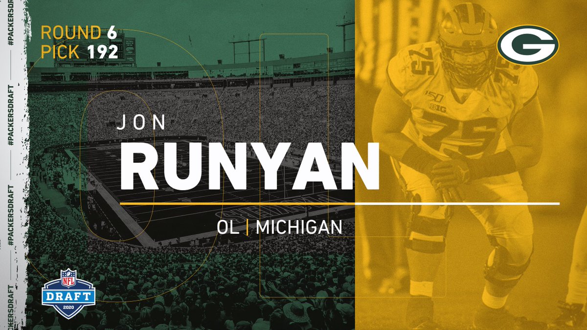 packers's tweet photo. 🚨 THE PICK IS IN 🚨

With the 192nd pick in the 2020 #NFLDraft, the #Packers select Michigan OL Jon Runyan!

#PackersDraft | #GoPackGo https://t.co/YbxHSxznnW