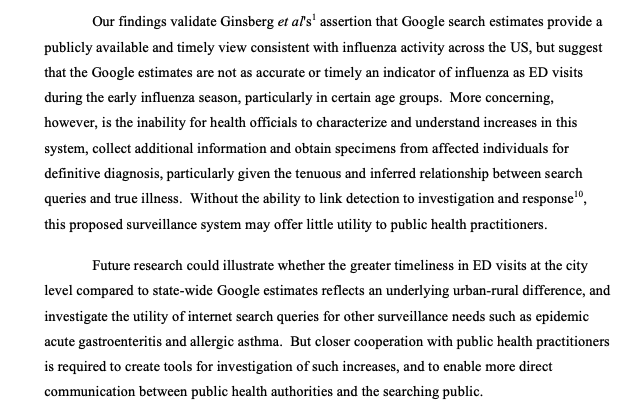 18/ So what's next? First, it will be important for these signals to be validatedThat was one of the big knocks we public health types had about Google Flu Trends- how are these to be investigated at the local level? You need shoe-leather epidemiology https://www.nature.com/articles/npre.2009.3493.1.pdf?origin=ppub