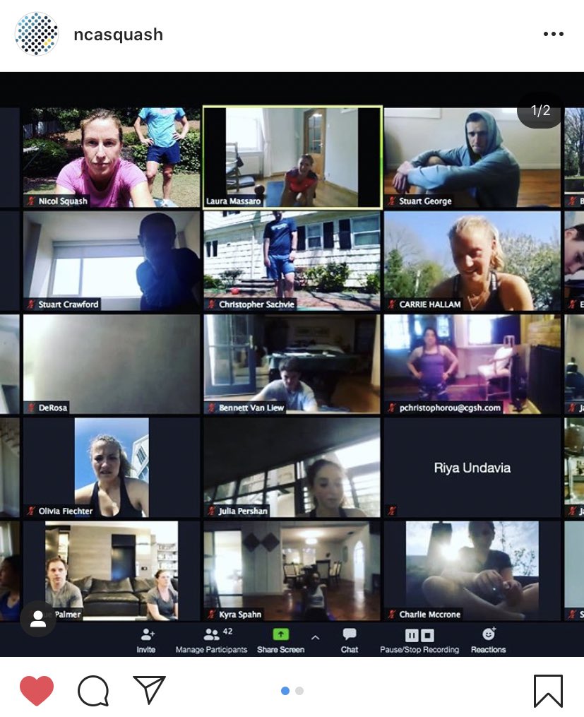 ljmassaro's tweet photo. Over 40 people on a zoom workout today! So much fun!!! One thing is for sure, everyone is inspired to keep fit &amp; do it together in this strange time! 
Good times, making memories! ☺️
#StayHomeSaveLives #StayAtHome #squash #workout https://t.co/SsPpXnl9qz