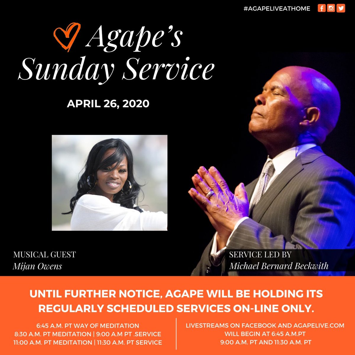 PSA: <a href="/AgapeISC/">Agape International</a> continues ON-LINE only. Join us tomorrow Apr 26 for Sunday services through our live streaming: bit.ly/streamagape and Facebook.com/Michael.B.Beck… 
Mijan Owens will be our musical guest woth meditation music by Christian Klikovits.⁠
 #AgapeLiveAtHome