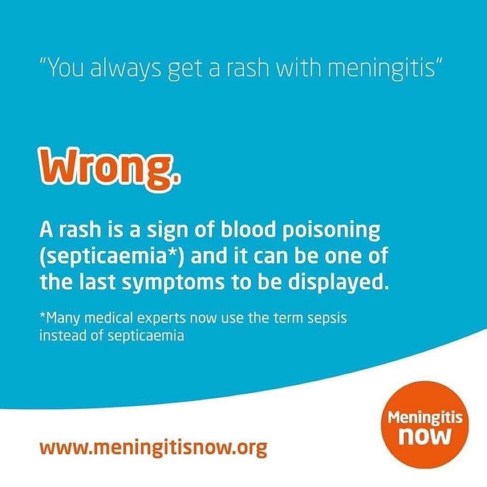 🧡WORLD MENINGITIS DAY🧡 
Many Parents I ask in my classes have heard about the rash. However, the rash is often one of the later signs to occur in meningitis, or it may NOT appear at all!
If you suspect meningitis, please don't wait for the rash - get medical help immediately.