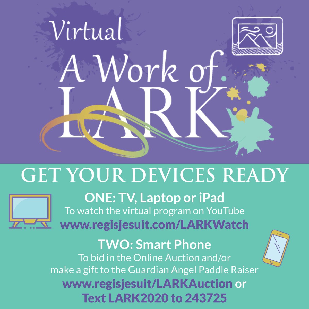 RegisJesuitHS's tweet image. Do you have BOTH your devices ready for virtual #RJLARK? The program begins at 5:00 pm with Mass from the Jes Res. Watch on YouTube: regisjesuit.com/LARKWatch Online Auction bidding continues until 6:00 pm: regisjesuit.com/LARKAuction #SupportRJ RLARKGuardianAngel