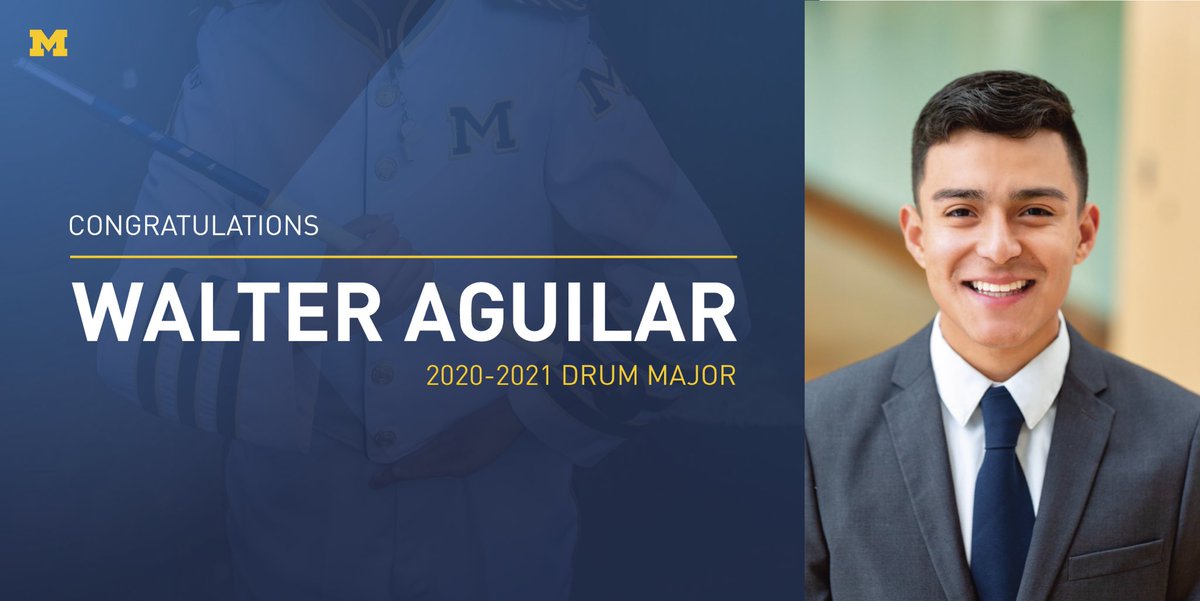 umichband's tweet photo. Let’s congratulate the 56th Drum Major of the MMB, Walter Aguilar! Walter is a rising senior and hails from Grand Rapids, MI. He is a Public Policy major with minors in Business and Music. Walter is a 3-year member of the Horn section. Congrats, Walter! #GoBlue https://t.co/7ZPvt0BBvl
