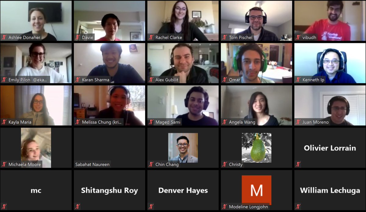 SWOnlineCanada's tweet photo. Great group check in this afternoon. All team leads gave a 60-second update on what they've accomplished so far, what they're doing next or any roadblocks they've hit. It was also the first time we all came together as a group face-to-face! #SWOnlineCanada #COVID19StartupWeekend https://t.co/Re9AvNbfV9
