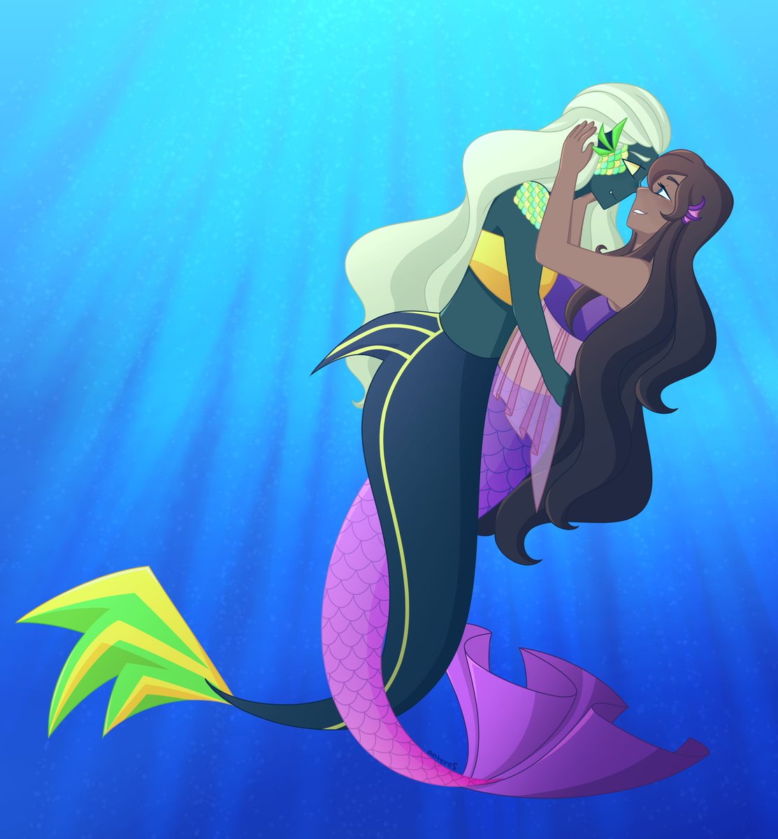 these characters do not have names currently. I just call them the siren and the princess. they were from a children's book I had to make for a creative writing class in 9th grade. they are lesbians and are very much in love!