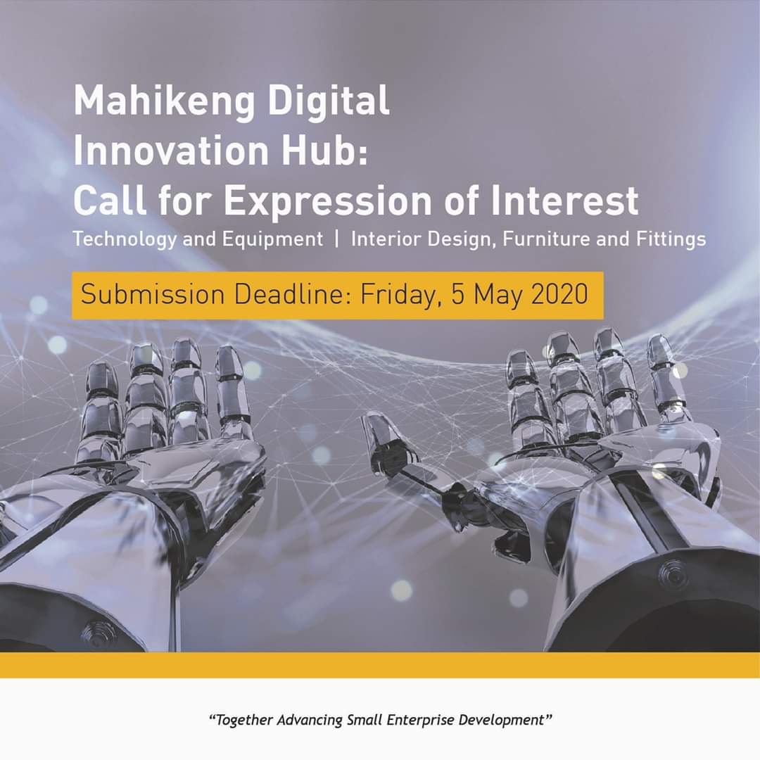 Mafikeng Digital Innovation Hub
 Call For Expression of Interest from professional service providers to provide, supply, commissioning, installation and maintenance of ICT equipment: buff.ly/2Vzl3gY &amp; planning, designing, fitting,  &amp; furnishing: buff.ly/2VyNUSq