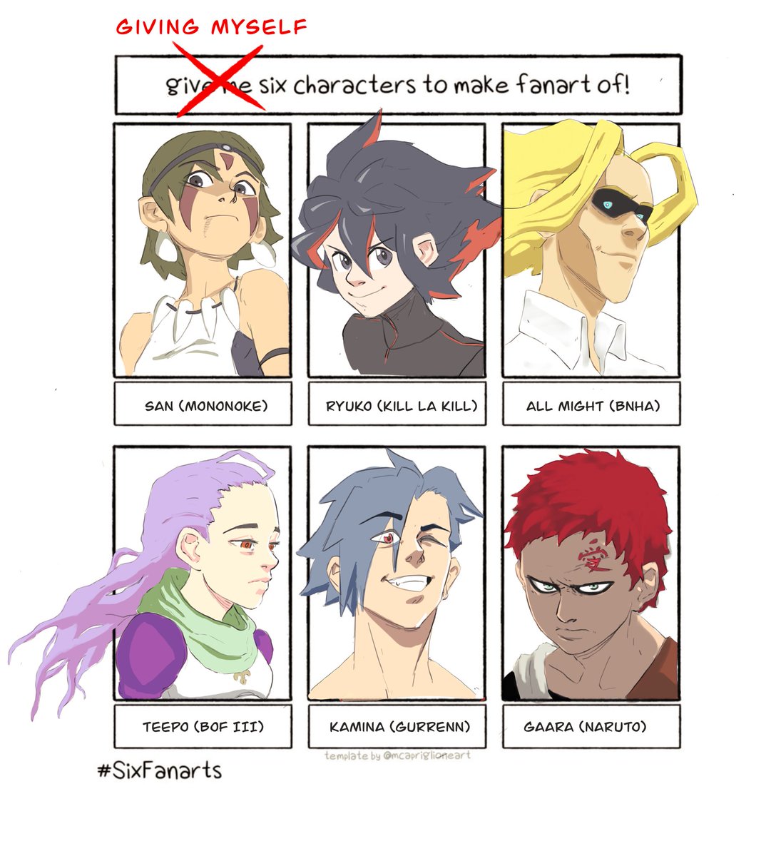 mareniusart's tweet photo. I don’t have anything near enough followers to ask for six characters, but I really liked the idea so I just gave myself six characters :) #mononoke #killlakill #ryukomatoi #allmight #bnha
#teepo #breathoffire #kamina #gurrennlagann #gaara #naruto https://t.co/2tuIWhAkYg