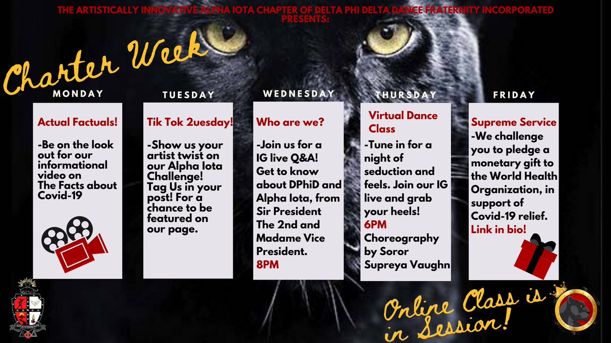 alphaiota_dphi's tweet photo. The ✨Artistically Innovative Alpha Iota Chapter✨ presents Virtual Charter Week! A week filled with events that you can enjoy doing this quarantine season! Join us in celebration of  Chartering 👑 Alpha Iota 👑 #DphiD #AllHailAlphaIota #ΔΦΔ #CharterDay #Quarantine #OnlineClass https://t.co/dWU6MWf7lf