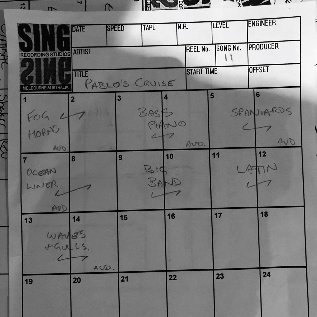 TheAvalanches's tweet image. PABLOS CRUISE - the original tracking sheet , I love the instruments used...ocean liner ! 

#TimsTwitterListeningParty #sinceileftyou